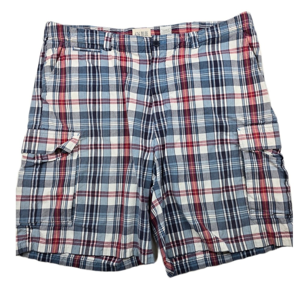 626 Blue Cargo Shorts Mens 44 Blue Red White Plaid 100% Cotton Vintage Surplus